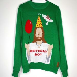 Tipsy Elves "Birthday Boy" Green Funny Jesus Ugly Christmas Sweater